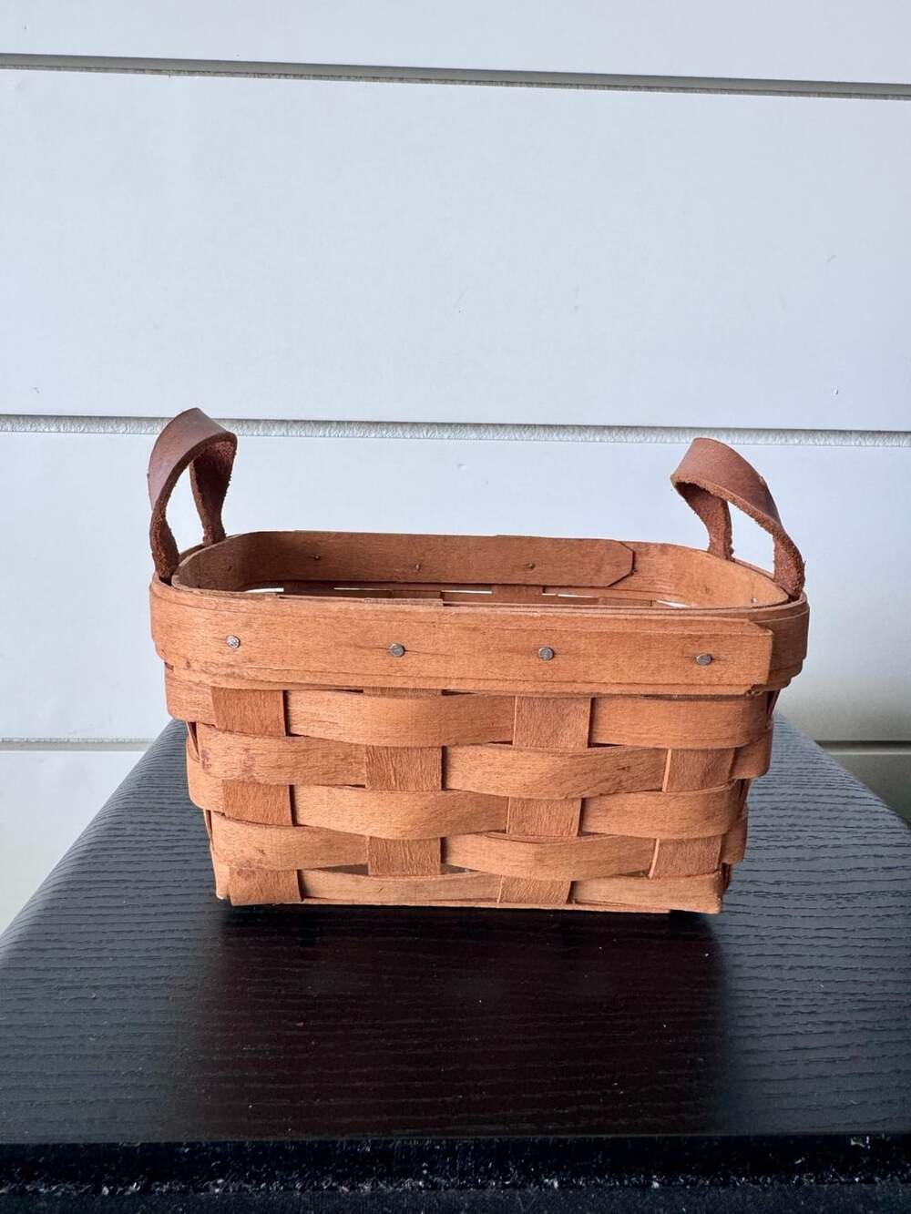 Vintage 1987 Longaberger Handwoven Small Basket with Leather Handles